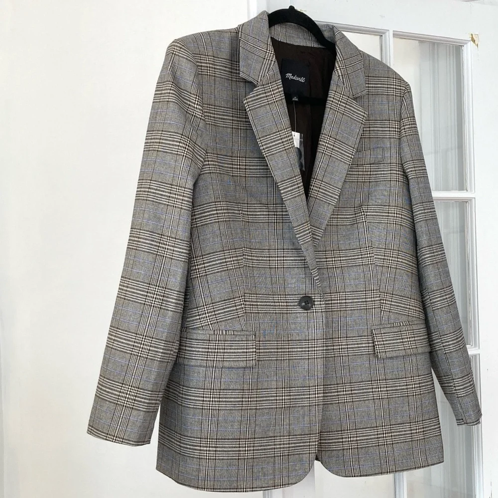 Madewell Italian Wool Fabric Houndstooth Plaid Blazer w/Contrast Felted Collar - Picture 7 of 16